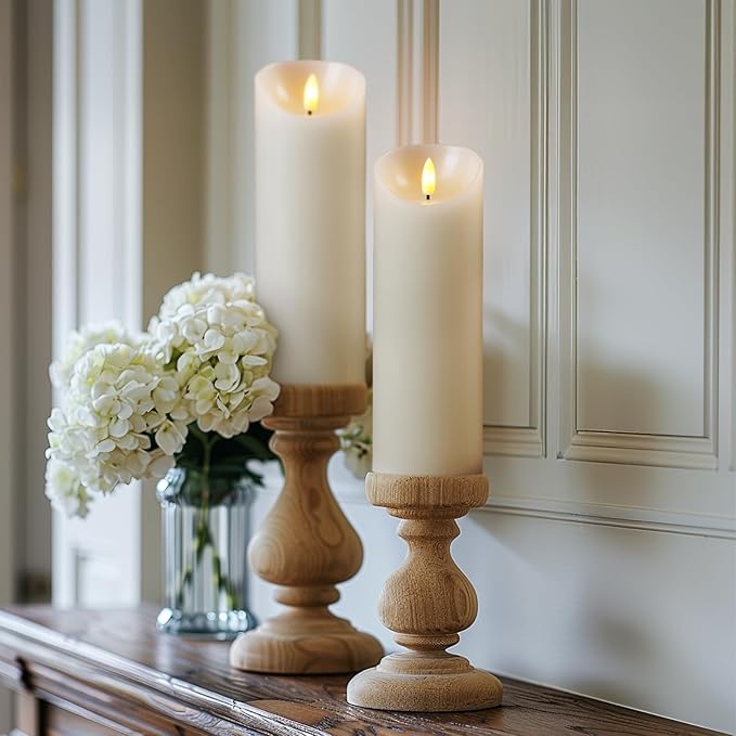 5plots 9" x 3" Flickering Flameless Candles - Battery Operated Wax LED Candles - Amber Yellow Light and Timers Set of 2, Ivory, for Home Decor, Candle Sconces