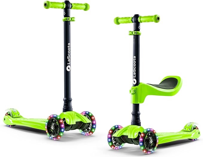 LaScoota 2-in-1 Kids Kick Scooter, Adjustable Height Handlebars and Removable Seat, 3 LED Lighted Wheels and Anti-Slip Deck, for Boys & Girls Aged 2-12 and up to 100 Lbs.