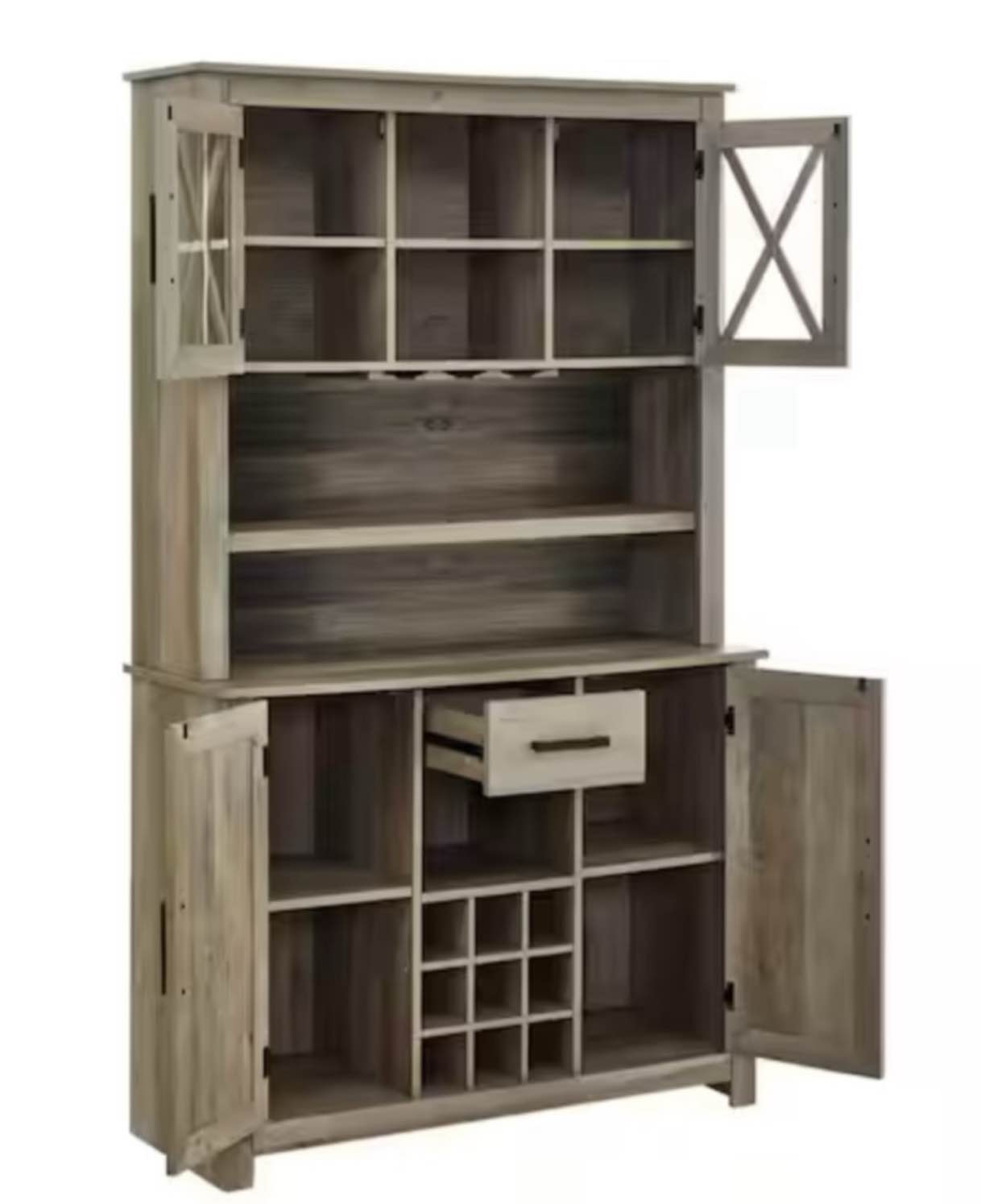 (BOX 2 OF 2 )Home Source Jill Zarin Tall Bar Cabinet in Grey Wash with Glass Doors