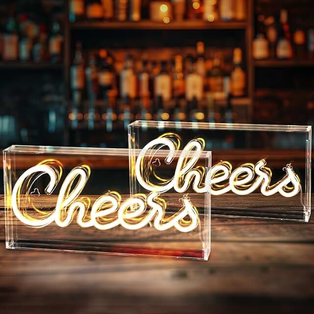 2 Pcs USB LED Desk Cheers Neon Sign 3D Bar Cheers Sign Battery Powered Neon Sign Bar Cart Decor Accessories for Home Bar Wall Desk Decor Wedding Christmas Party, Warm White 11.8 x 5.9 Inch