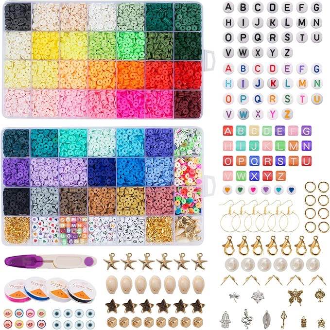 Maxzola inc. 12870 Pcs Clay Beads for Bracelet Necklace Jewelry Making Kit, Polymer Flat Round Beads with Elastic Strings Pendant Charms Set