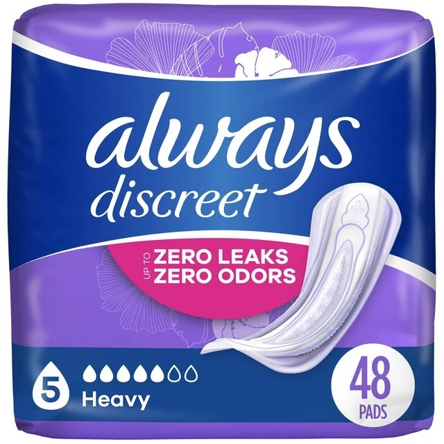 Always Discreet Incontinence Pads  Heavy Absorbency  Regular Length  48 CT