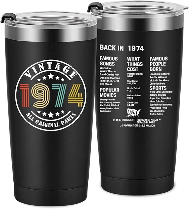 50th Birthday Gifts for Men Women Friends, Tumbler 20 oz Stainless Steel Vacuum Insulated Tumblers, Double Sided Printed Birthday Thermos cup, Back in 1974Old Time Information - Black