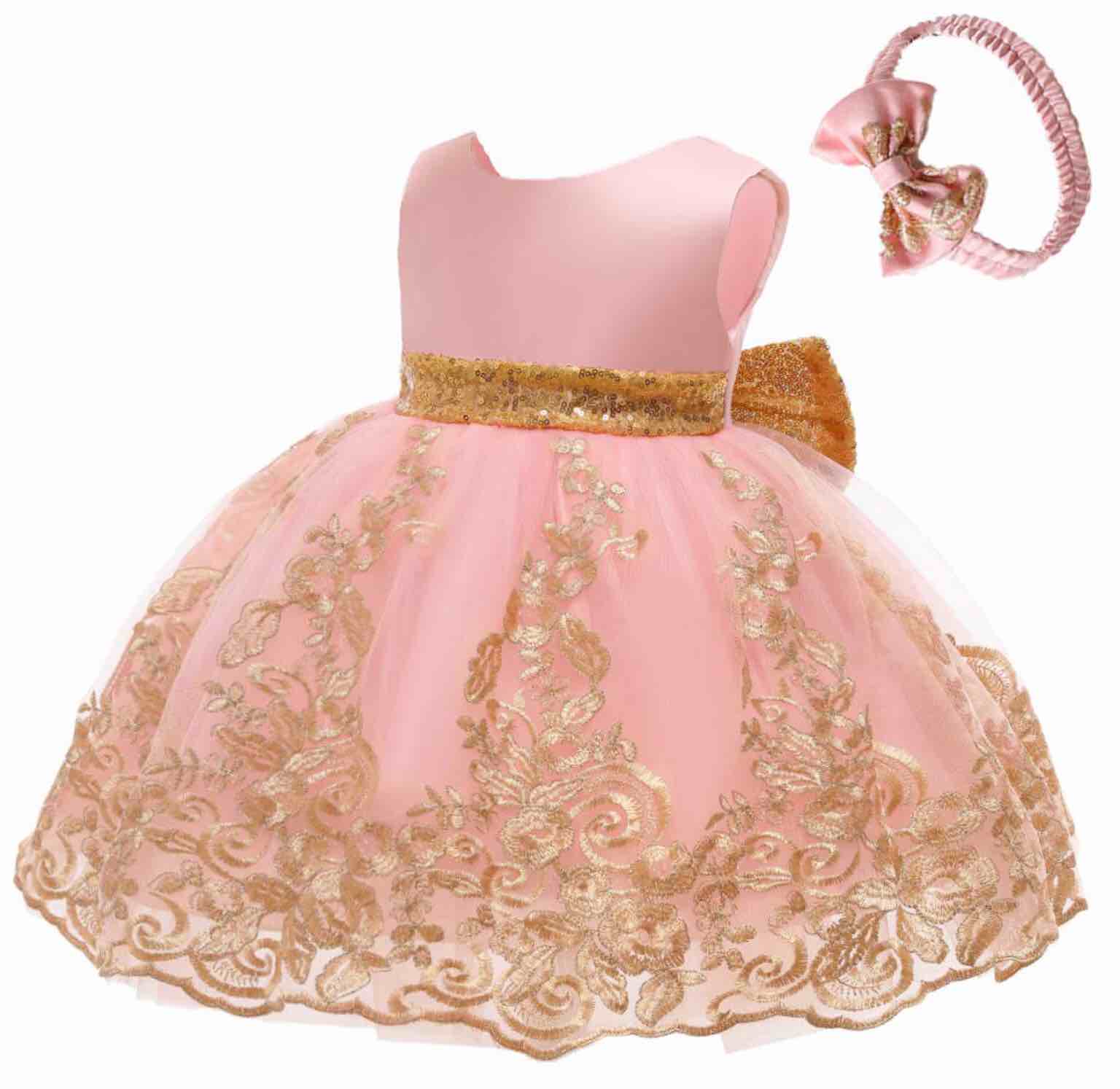 Baby Girls Embroidery Lace Dresses Toddler Ruffles Infant Easter Tutu Birthday Dress with Headwear (Pink,70)