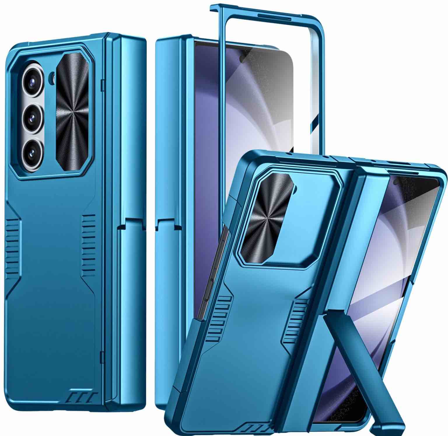 Vizvera for Galaxy Z Fold 5 Case with Hidden Kickstand, Built-in Screen Protector Hinge Protection Wireless Charging All-Inclusive Protective Phone Cover for Samsung Z Fold 5-Lake Blue