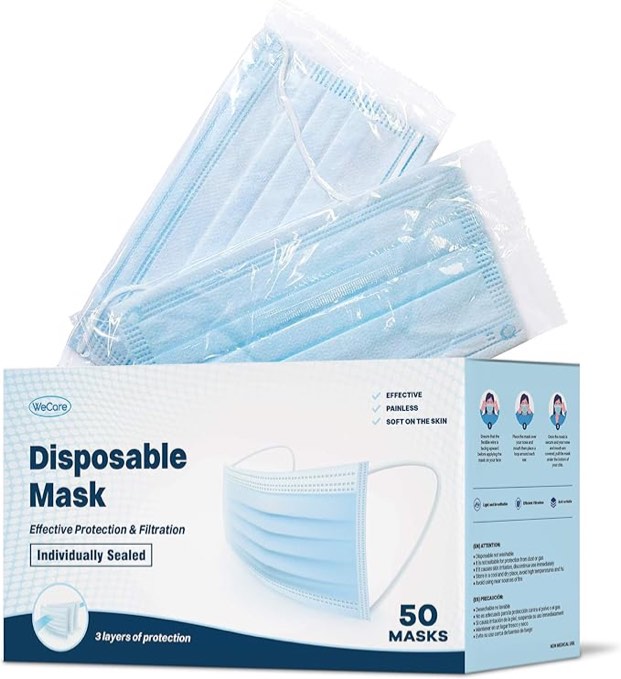 WECARE Disposable Face Mask Individually Wrapped - 50 Pack, Printed Masks - 3 Ply Blue