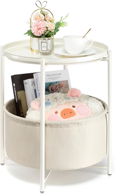 Fixwal Round Side Table with Fabric Storage Basket, Metal Small Bedside Table Nightstand with Removable Tray for Living Room, Bedroom, Nursery, Laundry, White