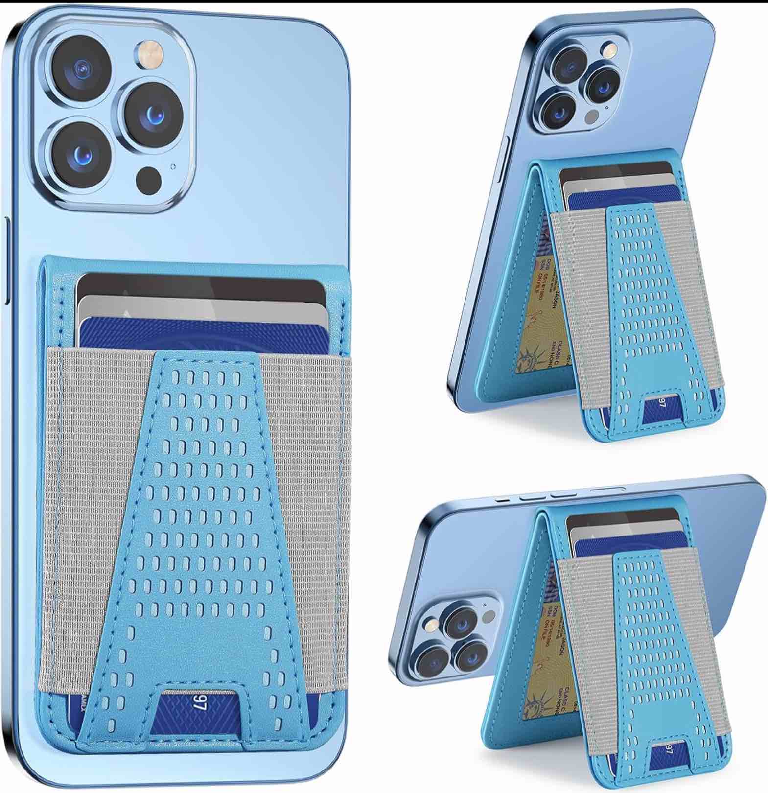 HiWe for Magsafe Wallet Stand, Strong Magnetic Wallet for iPhone 15/14/13/12 Series, for iPhone Magsafe Wallet with 3 Card Slots, Open ID Window, 10 Cards Holder, Slim, Vegan Leather, Sky Blue