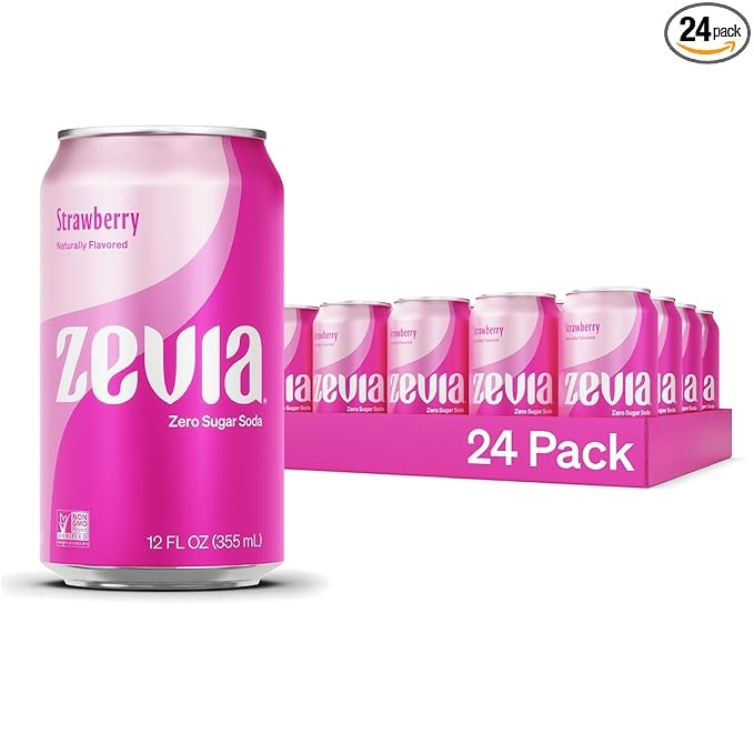 Zevia Zero Sugar, Strawberry Soda, Caffeine Free, 12 Fl Oz Cans (Pack of 24)