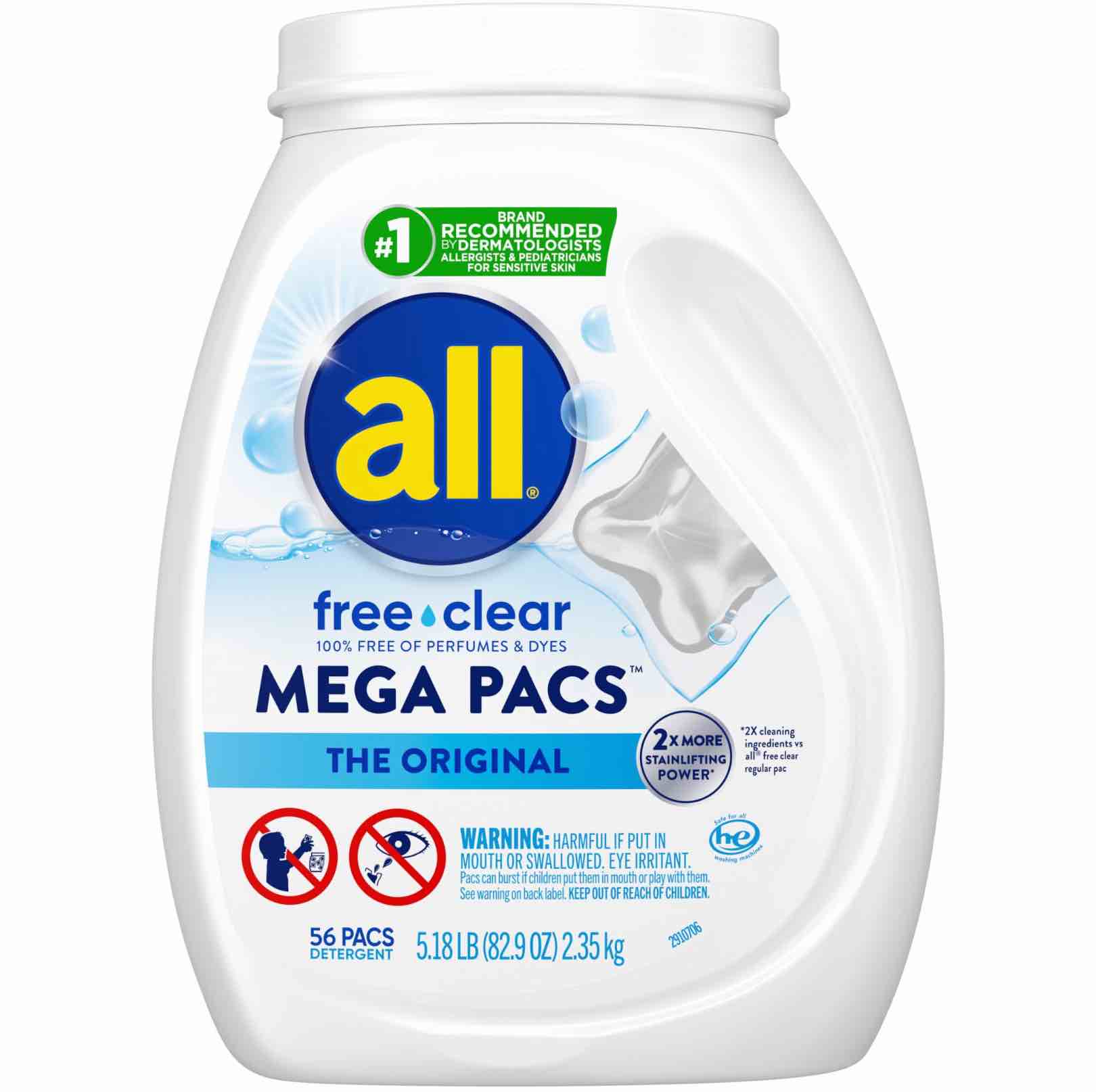 all Mega Pacs Laundry Detergent Pacs, Free Clear for Sensitive Skin, Unscented and Dye Free, 56 Count
