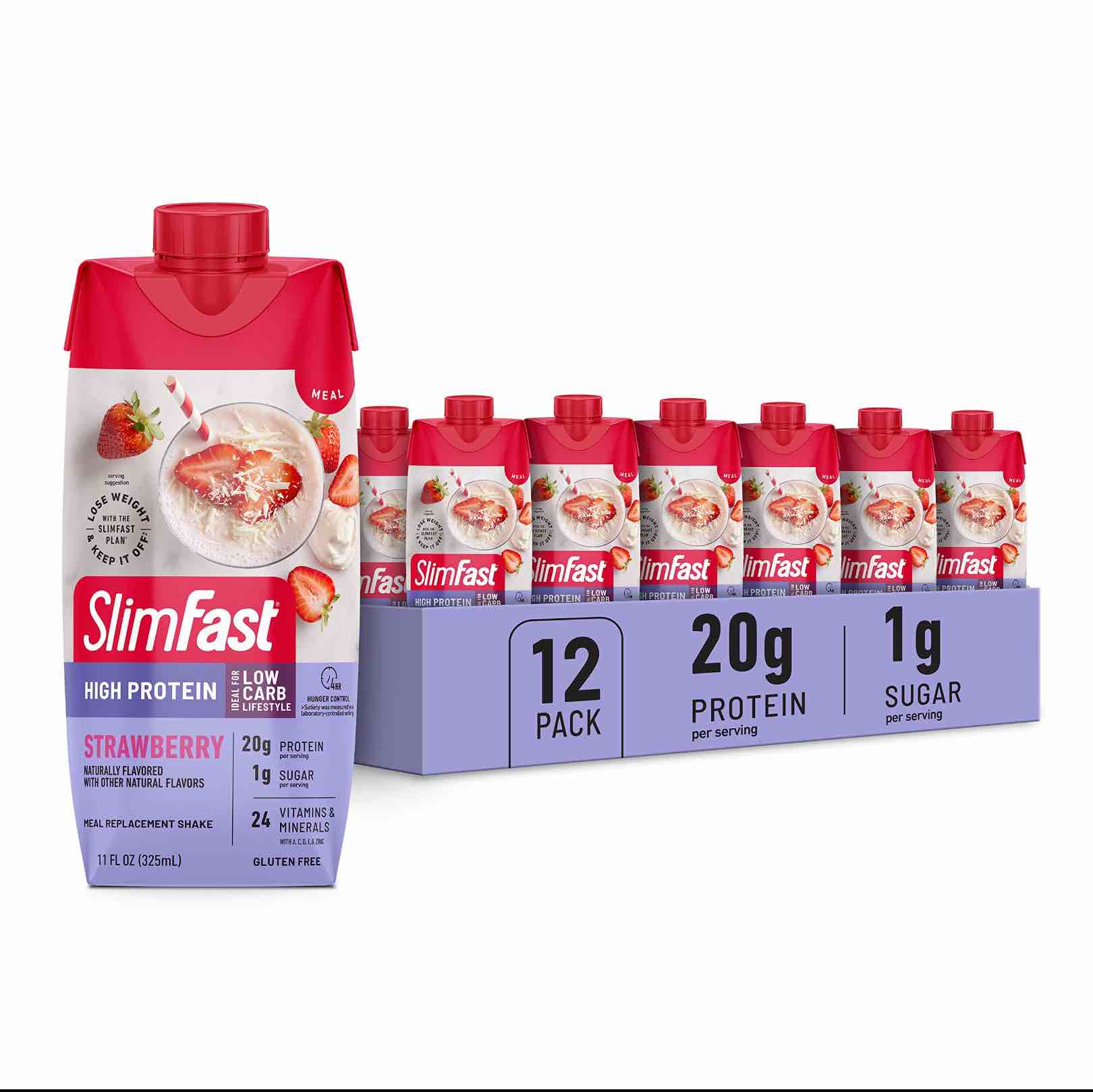 ((( best by 4/30/2025))) SlimFast Protein Shake, Strawberry- 20g Protein, Meal Replacement Shake Ready to Drink, High Protein with Low Carb and Low Sugar, 24 Vitamins and Minerals, 11 Fl Oz (Pack of 12)
