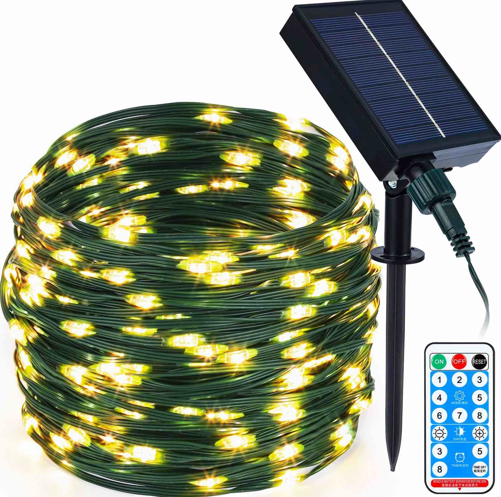 QUWIN Solar Christmas Lights Outdoor, 105Ft 300 LED 8 Modes Timer Function with Remote Control, Waterproof Fairy Lights for Wedding Patio Garden Yard Party Christmas Decoration