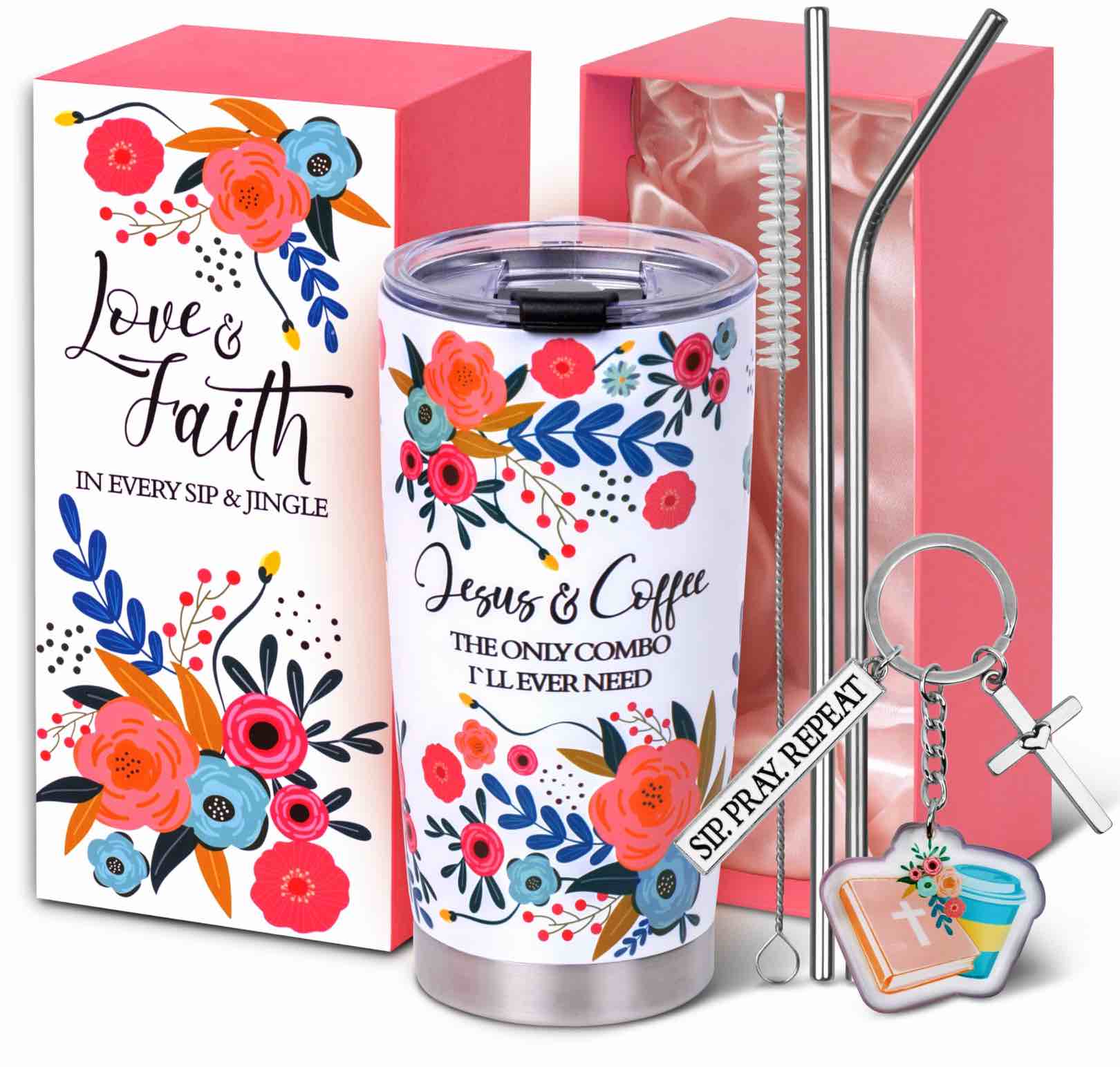 WellJoy Christian Gifts for Women - Inspirational 20 oz Tumbler Set | Birthday, Mothers Day, Christmas Gifts for Her - White and Floral