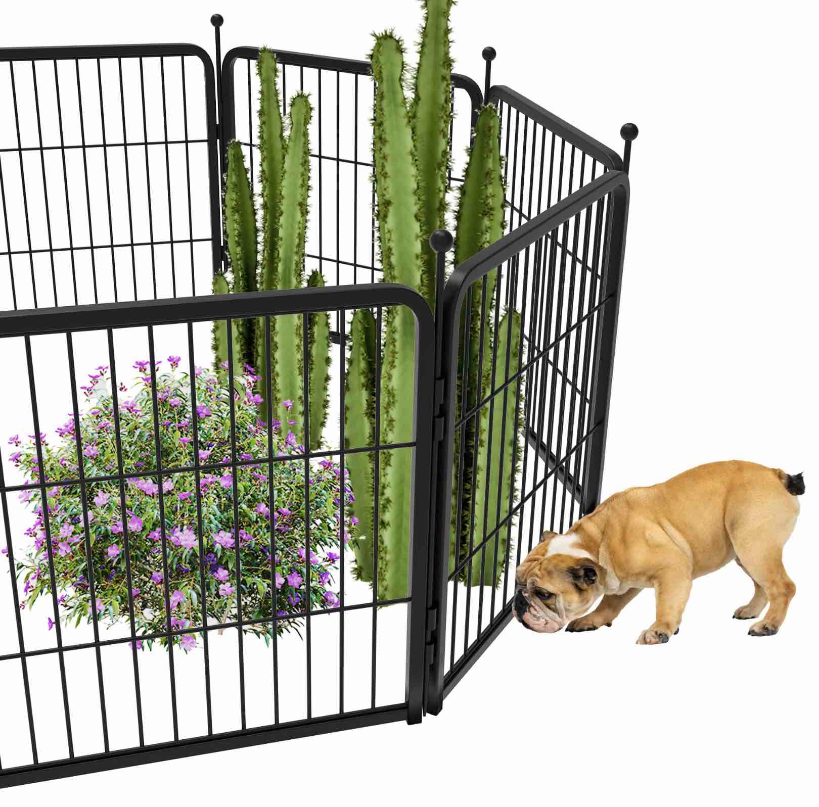 FXW Decorative Garden Fence Panels with Gate, Dog Fence for The Yard, Heavy Duty Metal, 24inch High 14.82ft Long in Total, Black