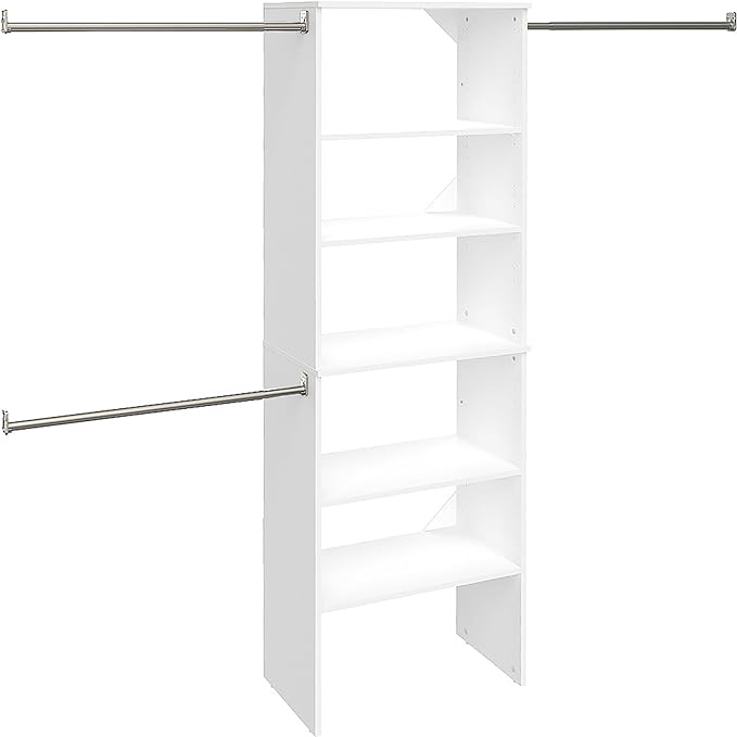 ClosetMaid SuiteSymphony Wood Closet Organizer Starter Kit Tower and 3 Hang Rods, Shelves, Adjustable, Fits Spaces 5 – 10 ft. Wide, Pure White, 25"