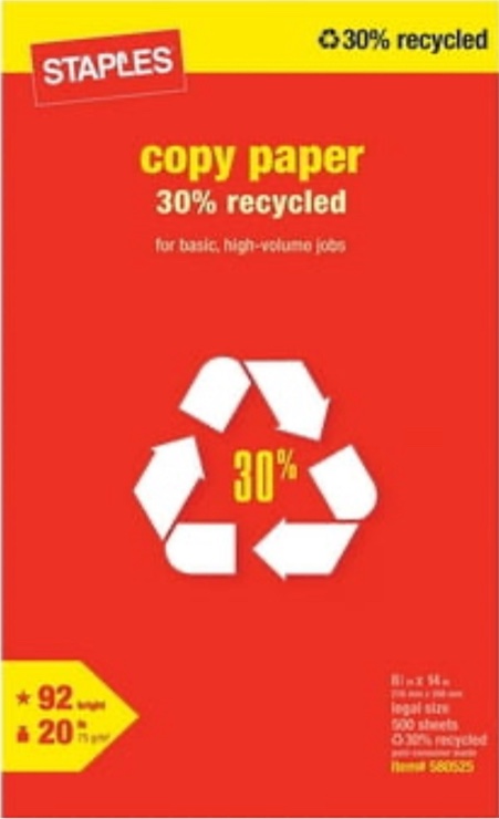 Staples 30% Recycled 8.5  x 14  Paper 20 lbs 92 Brightness 500/RM (112380) 580525