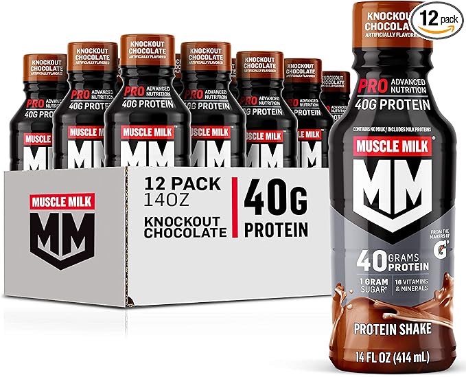 Muscle Milk Pro Advanced Nutrition Protein Shake, Knockout Chocolate, 14 Fl Oz Bottle, 12 Pack, 40g Protein, 1g Sugar, 16 Vitamins & Minerals, 6g Fiber, Workout Recovery, Packaging May Vary