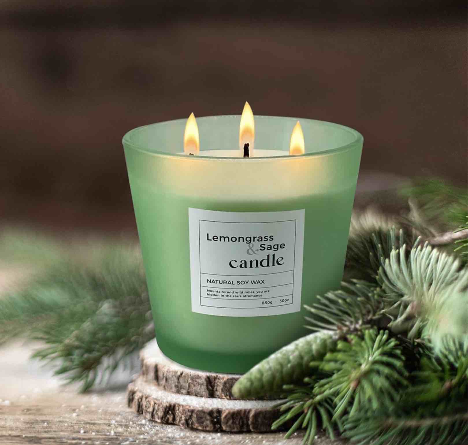 30 oz Highly Scented Soy Candles Large for Home, Lemongrass & Sage Aromatherapy Candle, 3 Cotton Wicks, Smokeless Long Lasting 120 hrs in Midnight Lights, Great Gift for Women & Men Green