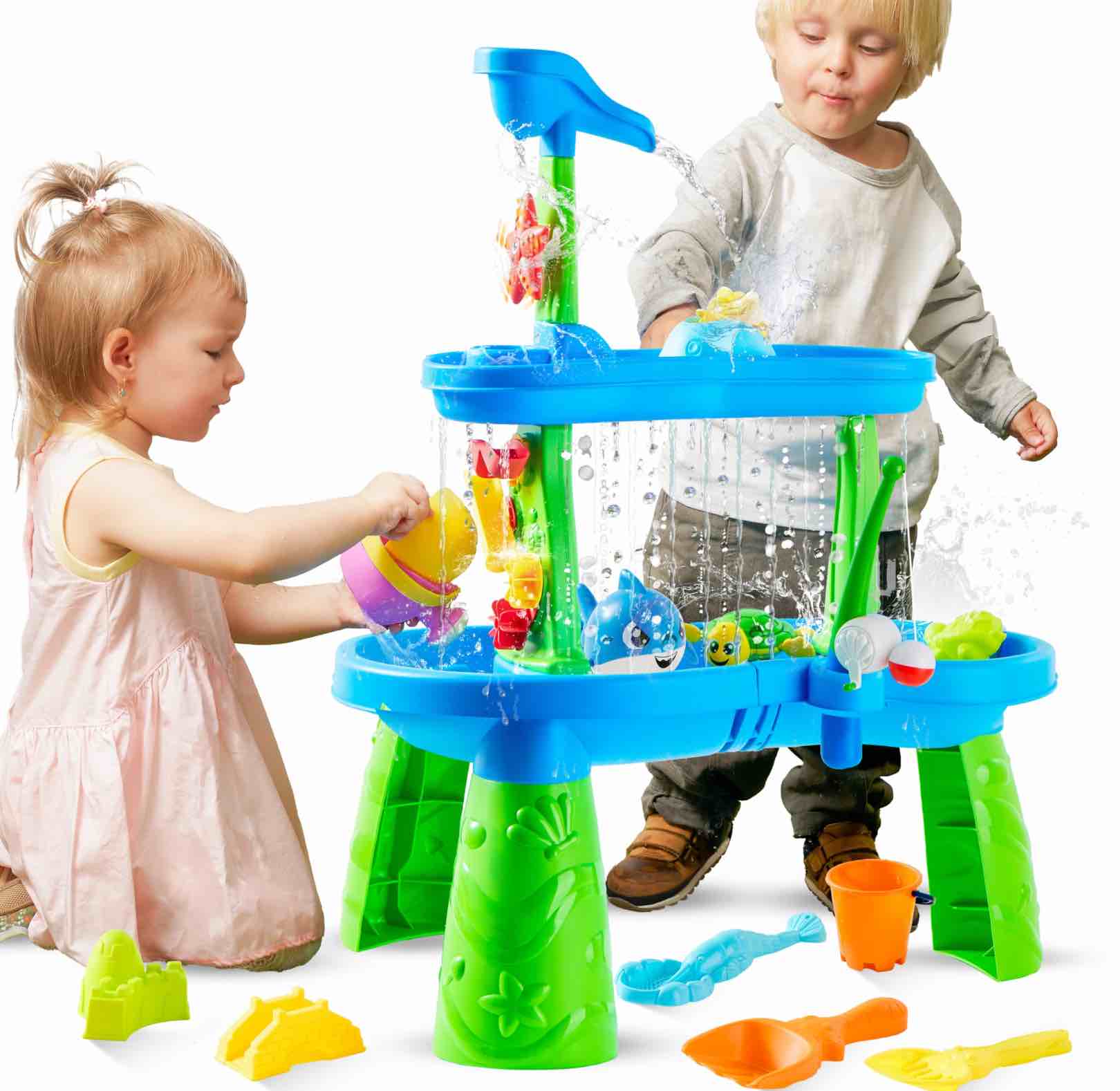 Play-Act Water Table for Toddlers, 3-Tier Water Sand Table Outdoor Play Toys for Kids Ages 2 3 4, Includes 18 PCS Water & Sand Accessories, Ideal for Summer Beach Backyard Activities, 26" x 17" x 30"