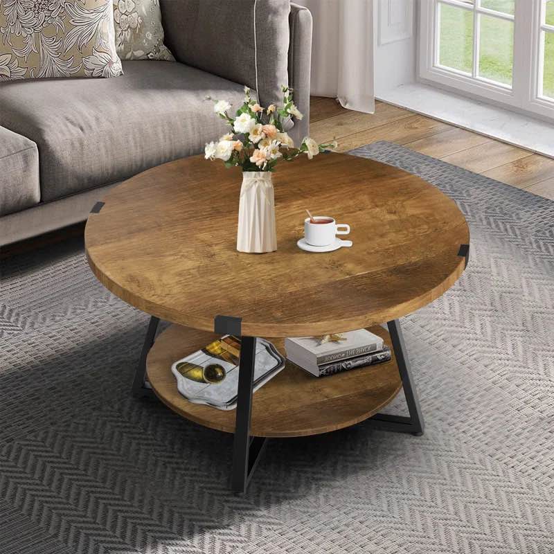 Jahaira Round Coffee Table with 2-Tier Storage Shelves