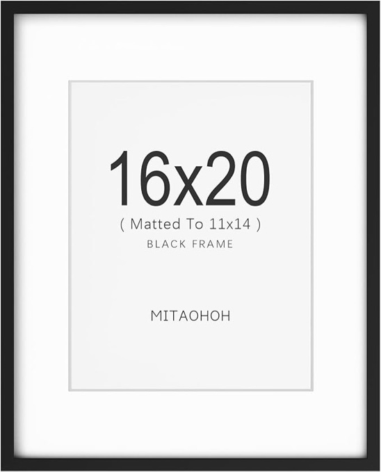 16x20 Picture Frame, 11x14 with Mat or 16x20 Without Mat, Minimalist Style Photo Frame with Plexiglass Cover for Wall Mounting Display, Black 16x20 Black