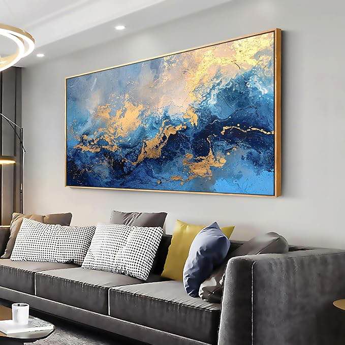 Living Room Abstract Wall Art, Navy Blue Decor Painting with Gold Hand Painted Artwork on Canvas for Modern Gray Home Office Walls 40x20