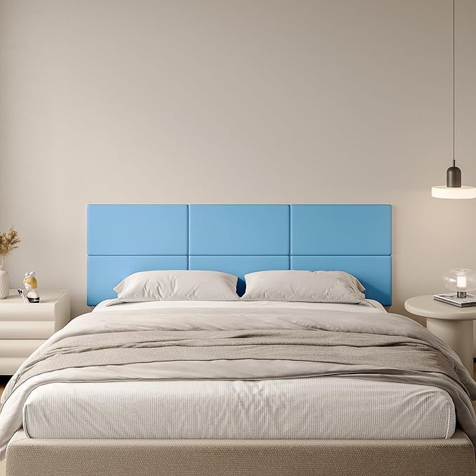 6-Pack 23.6"x11.8" Peel and Stick Headboard Blue Upholstered Wall Panels 3D Anti-Collision Wall Padding Wall Mounted Headboard Soundproof Wall Panels 6