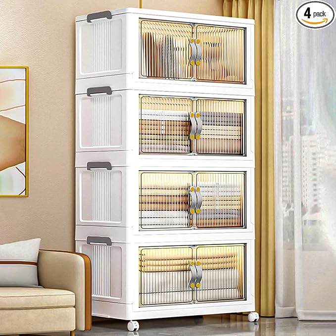 Fordonral 3 Pack Storage Bins with Lids and 3 Doors, Collapsible Closet Organizers and Storage Containers, Heavy Duty Stackable Storage Bins, 3 × 11 Gallon / 50 Liters / 44 Quart White-Beige