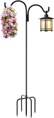 GrayBunny GB-6817D Double Shepherd Hook 65 Inch Heavy Duty 1/2 inch Thick Rust Resistant Steel With Two Twin Hooks, 65 in Shepherd's Hook, Black Two Sided Basket Hanger, Bird Feeder Pole, Lantern Hook
