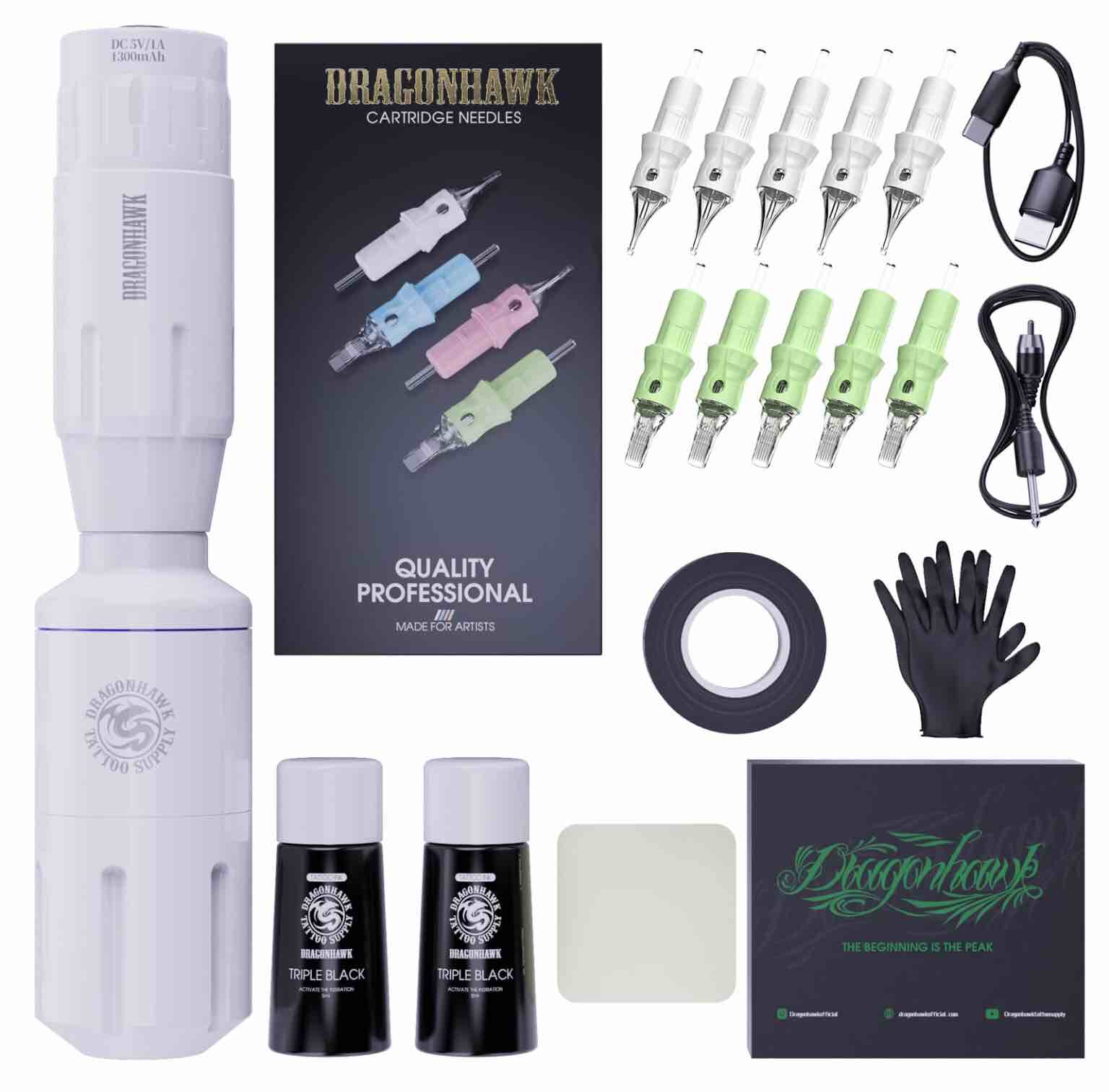 Dragonhawk S1 Wireless Tattoo Kit Rotary Tattoo Pen Machine Gun Kit Cordless Tattoo Battery Power Supply Cartridges Needles Black Tattoo Ink Complete Kits for Beginner - Playing & Learning Tattoo Kit