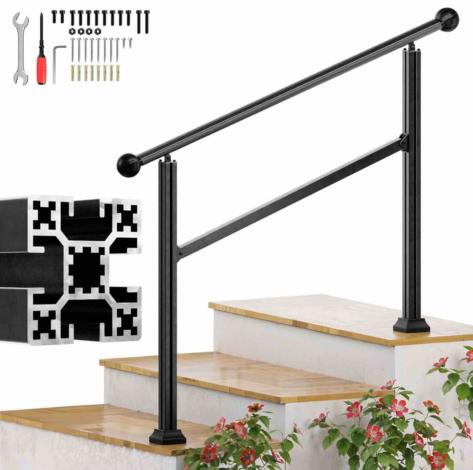 3 Steps Handrails for Outdoor Steps, Heavy Duty Stair Railing, No Rust Aluminum Hand Porch Railing kit, Adjustable Staircase Handrail for 2 to 3 Steps, Sturdy Hand Rails for Outdoor Concrete Steps 3 Steps 1