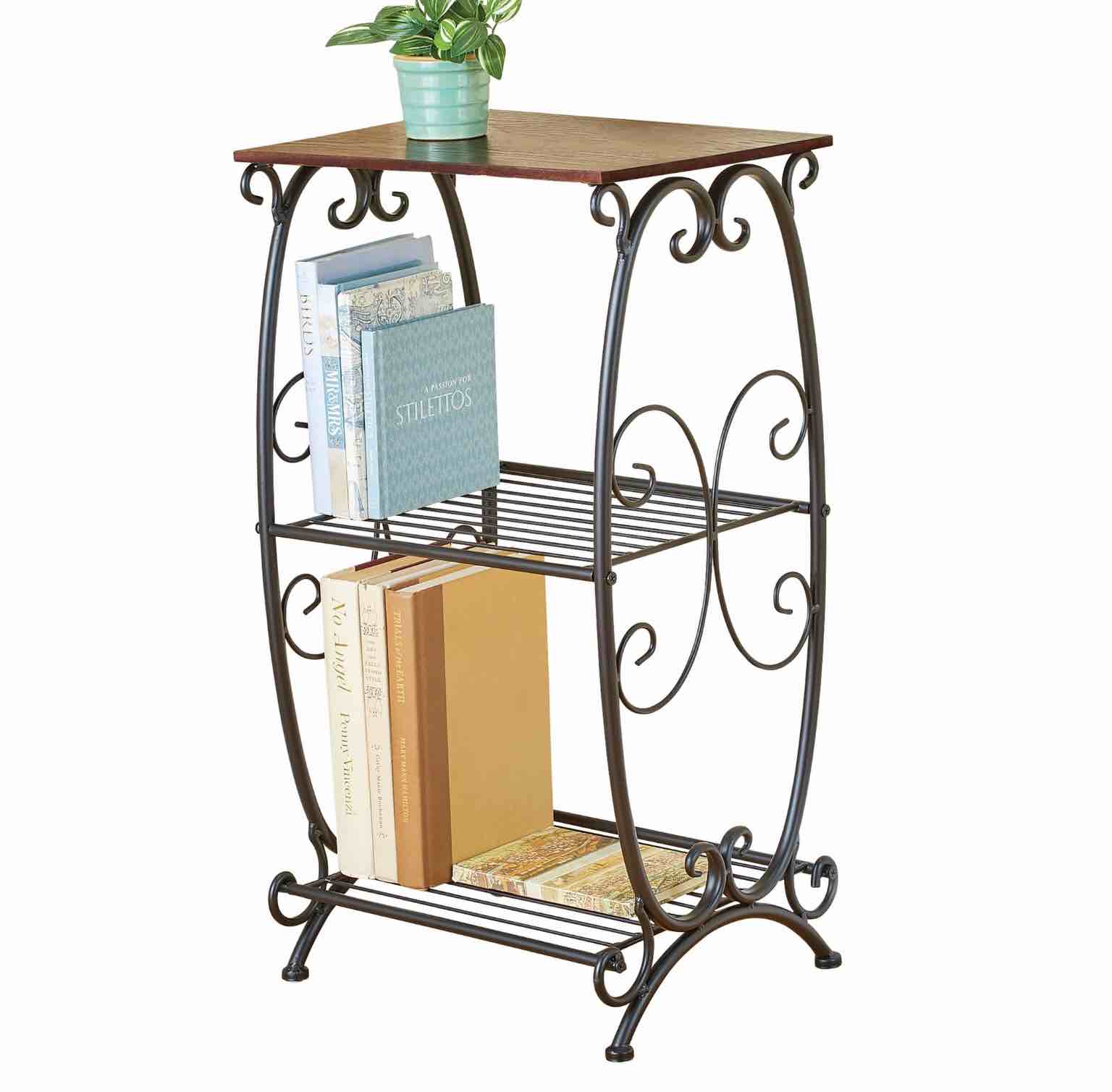 3-Tier Metal Shelves with Cherry Finish Wood Top End Table X Black Traditional Iron