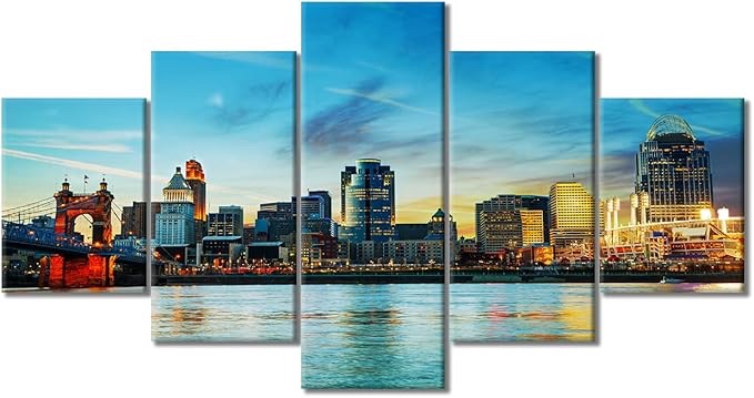 TUMOVO 5 Panels Cincinnati Cityscape Home Decor Beautiful Cincinnati Bridge on Ohio River Canvas Wall Art Cincinnati, Ohio Skyline Wall Decoration Picture Artwork Framed Ready to Hang (60''Wx 32''H)