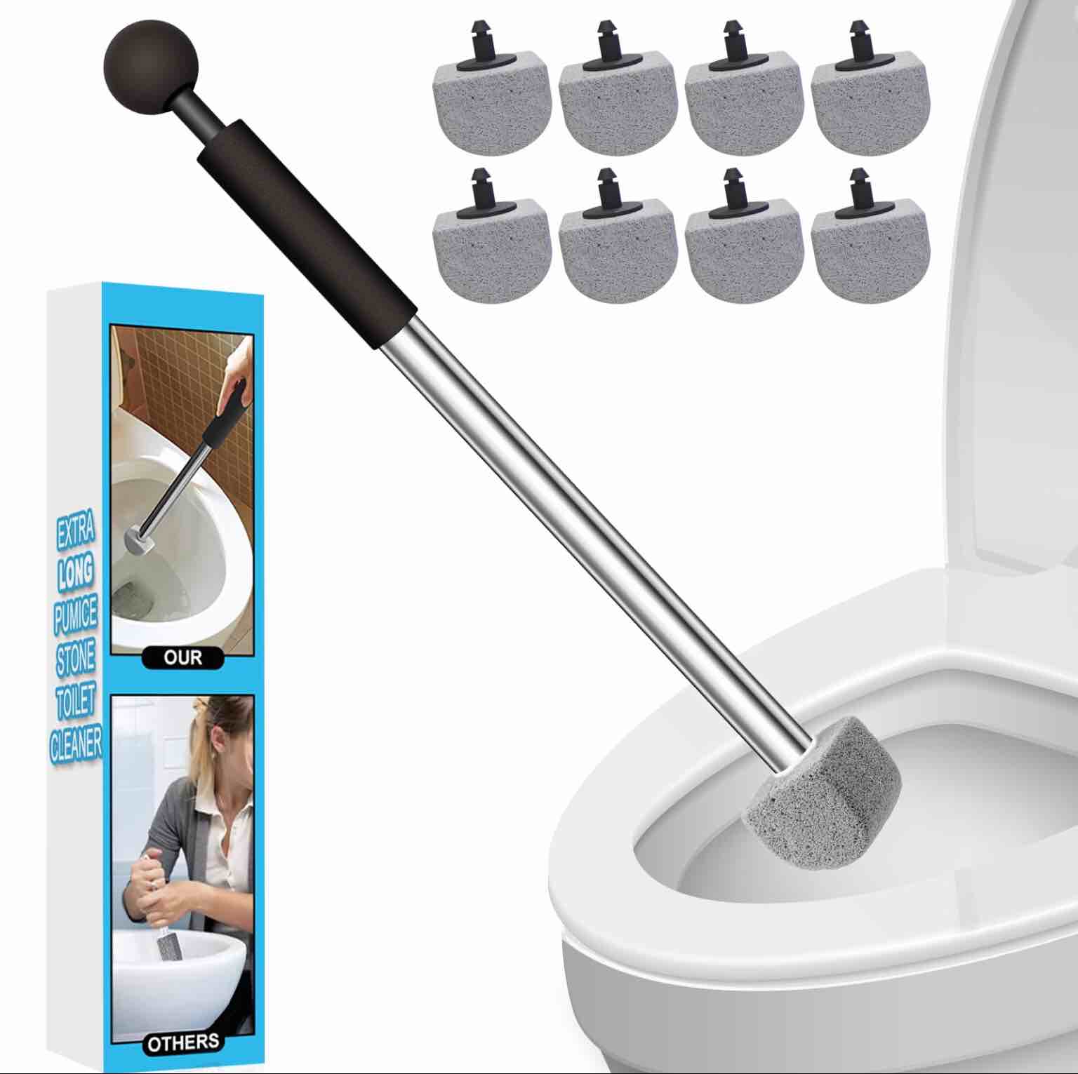 Pumice Stone Toilet Bowl Cleaner Toilet Deep Cleaning,Bathroom Cleaner Brush Toilet Wand Refills with Long Handle for Remove Hard Water Stains with Wand+Pumice Stones