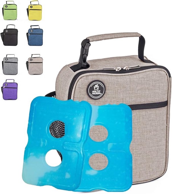 Insulated Lunch Box for Adults and Kids w/ 2 Slim Long Lasting Ice Packs - Professional Work Lunch Bag for Men and Women - Heavy Duty School Lunchbox for Boys and Girls (Grey)