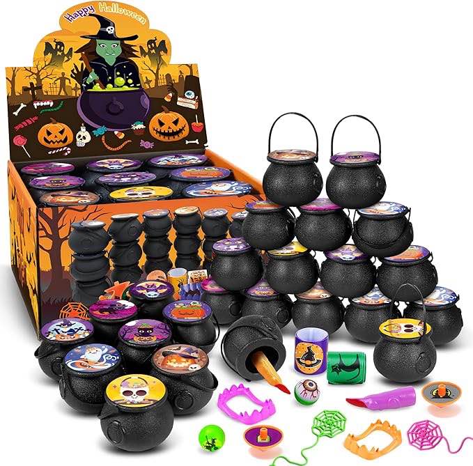 144 recuerdos de fiesta de Halloween para niños, paquete de 18 mini caldero de bruja precargados, juguetes a granel para bolsas de golosinas de Halloween, rellenos de piñata, golosinas de Halloween,