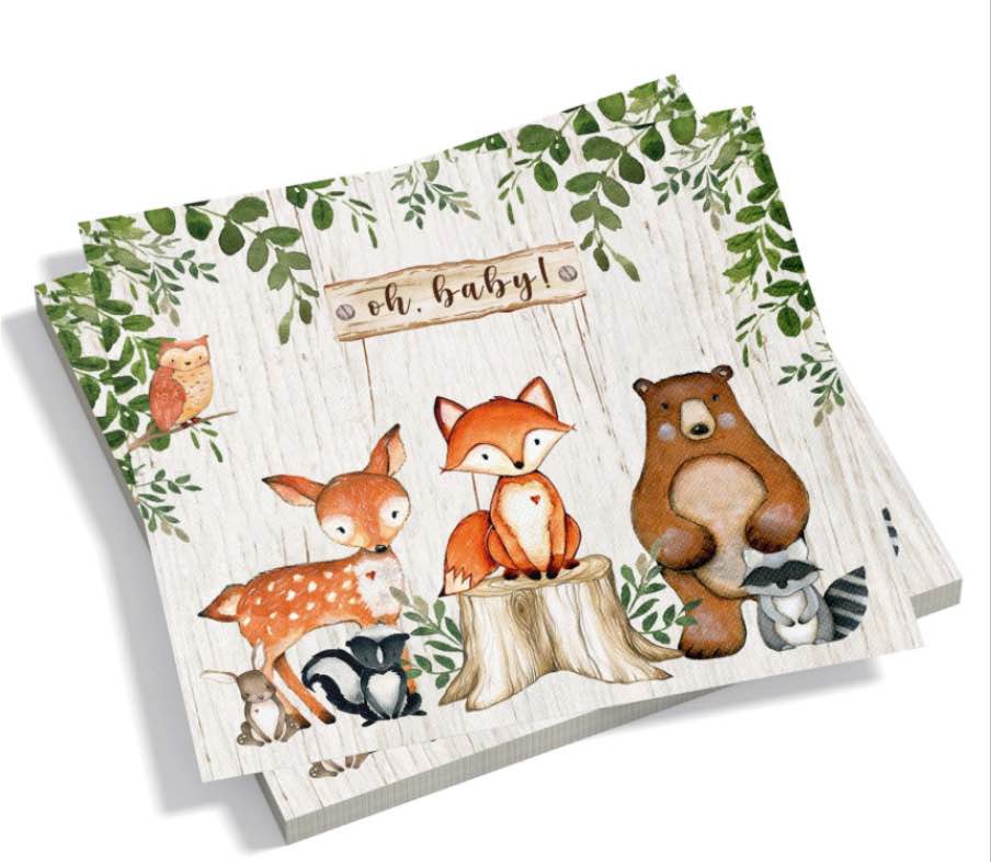 Yuzioey 100 Pcs Woodland Baby Shower Napkins, Forest Animals Baby Shower Disposable Paper Napkins, Woodland Theme Baby Shower Supplies Party Napkins, Woodland Baby Shower Decorations 6.5" x 6.5"
