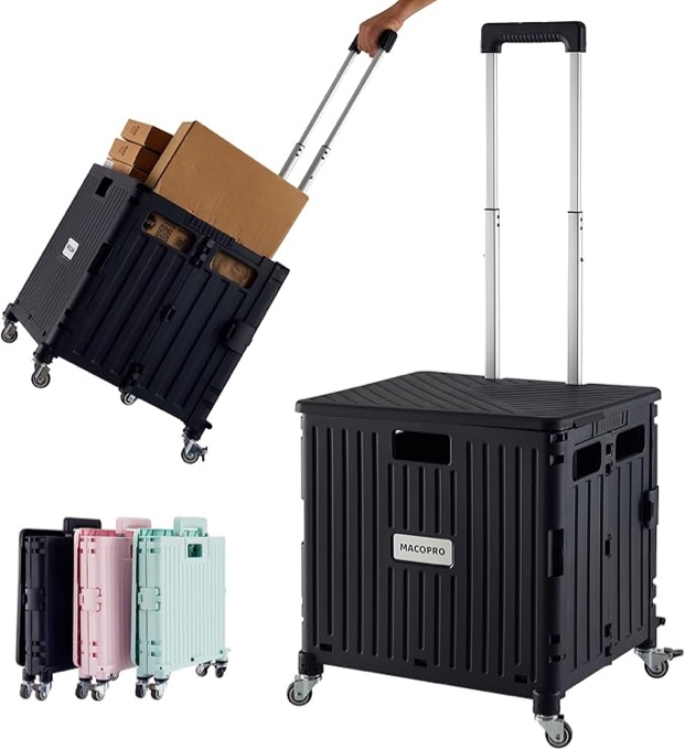 ( similar picture) Folding Utility Cart Portable Rolling Crate Handcart Shopping Trolley Collapsible Tool Box, with Lid, Basket on 4 Rotate Wheels, for Grocery, Office, Luggage, Teacher (Black)