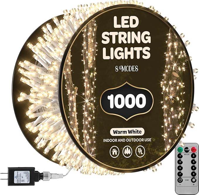 1000 LED Christmas Lights [Warm White] 400ft Super Long String Lights - Remote with 8 Modes/Timer/dimmable - UL Approved for Indoor/Outdoor Use - For Holiday/Christmas/Party/Decorations (clear wire)