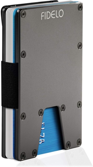 Fidelo Minimalist Wallet For Men - Slim RFID Blocking Wallet Credit Card Holder Made Of 7075 Aluminum. The Compact Wallet comes With 2 Steel Money Clips, 2 Cash Bands to hold 1-10 bills - Titanium
