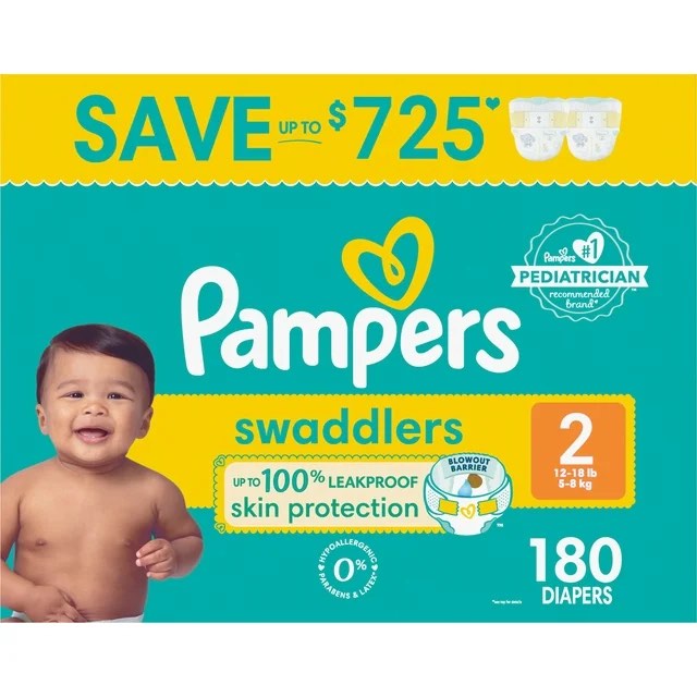 Pampers Swaddlers Diapers, Size 2, 180 Count