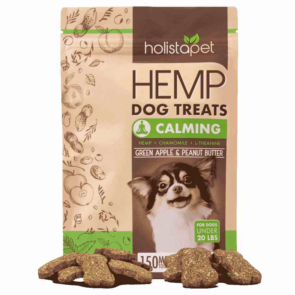 Holistapet’s Peanut Butter + Apple CBD dog treats are enhanced with L-Theanine and Chamomile which may increase alpha wave generation and lower your pet’s anxiety. These unique flavors and calming herbs are combined with other key superfoods like Hemp Seed Powder and Pure Hemp Oil to help your dog maintain calm energy and a peaceful relaxed state in any stressful or nerve-racking situation. This formula is perfect for animals who suffer from anxiety, stress & phobias. That includes pets who fear loud noises like thunder or pets with severe separation and traveling anxiety. May also help animals with nervous stomachs.