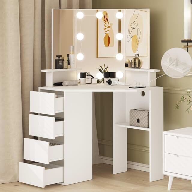 Corner Vanity and Stool, Corner Vanity Desk with Mirror and Lights, Corner Makeup Vanity with Power Outlet, 3 Color & Brightness Adjustable Light, Makeup Vanity for Girls and Women, White