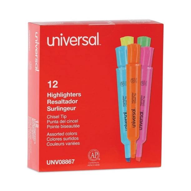 Universal Desk Highlighters, Assorted Ink Colors, Chisel Tip, Assorted Barrel Colors, Dozen