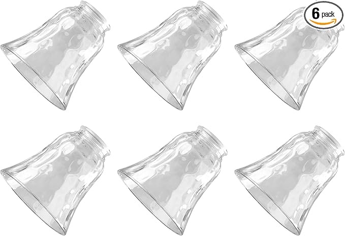 Pack of 6 Ceiling Fan Light Covers, Glass Replacement Shades for Ceiling Fans, and Light Fixtures, Bell Shape Clear Glass with Decorative Hammered Finish. Hight 4.75  Width 4.9  Opening Fitter Size 2.25.