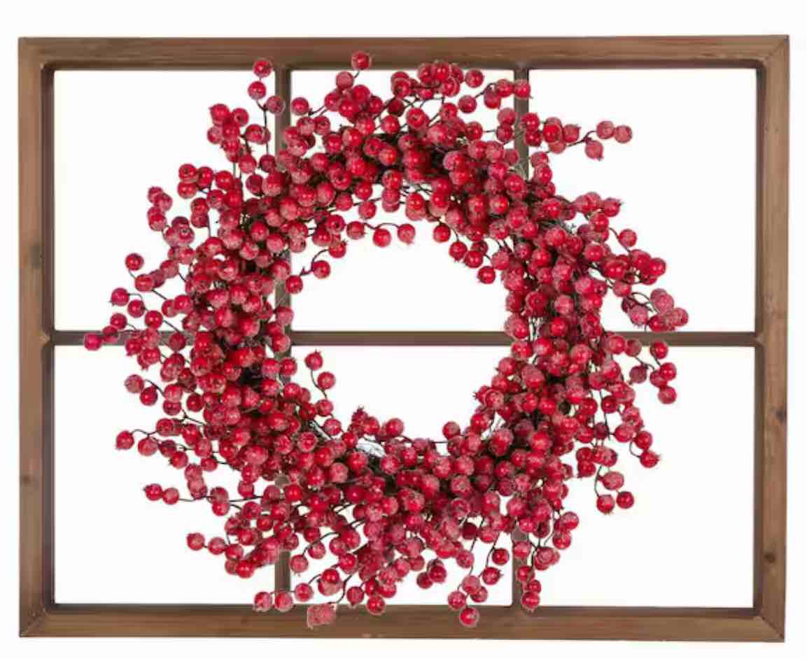 24" Wooden Frame with Floral Christmas Wreath - Glitzhome