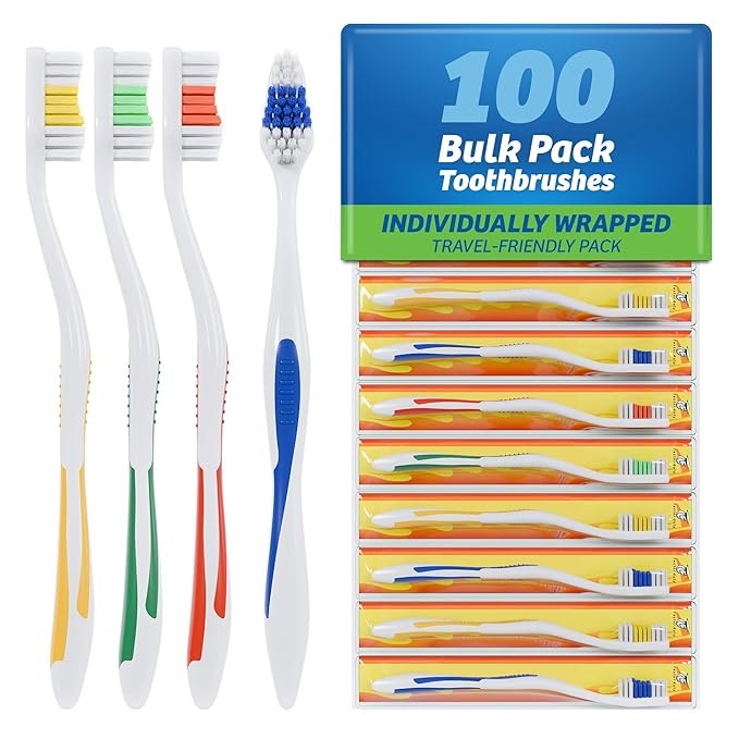 FactorDuty 100 Pack Toothbrush Standard Classic Medium Soft Toothbrush Bulk Individually Wrapped