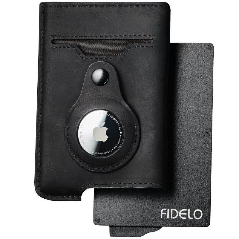 Fidelo Hybrid Minimalist Wallet with Button AirTag Holder Black