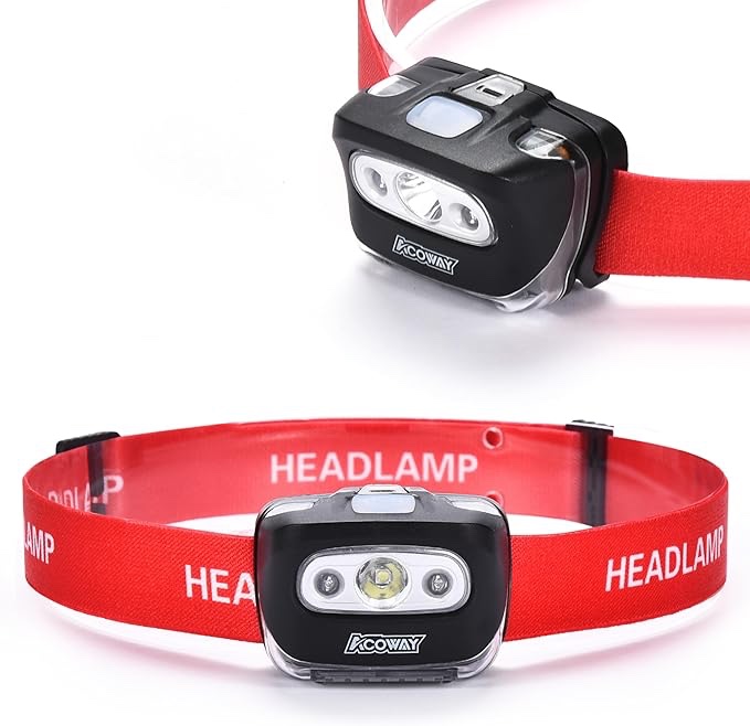 ACOWAY LED Bright Head Lamp Flashlight - Lightweight Head Lights for Adults and Children - Waterproof Head Light for Forehead - Ideal for Outdoor Hiking, Running, Camping, Hunting - Red, Kid headlamp
