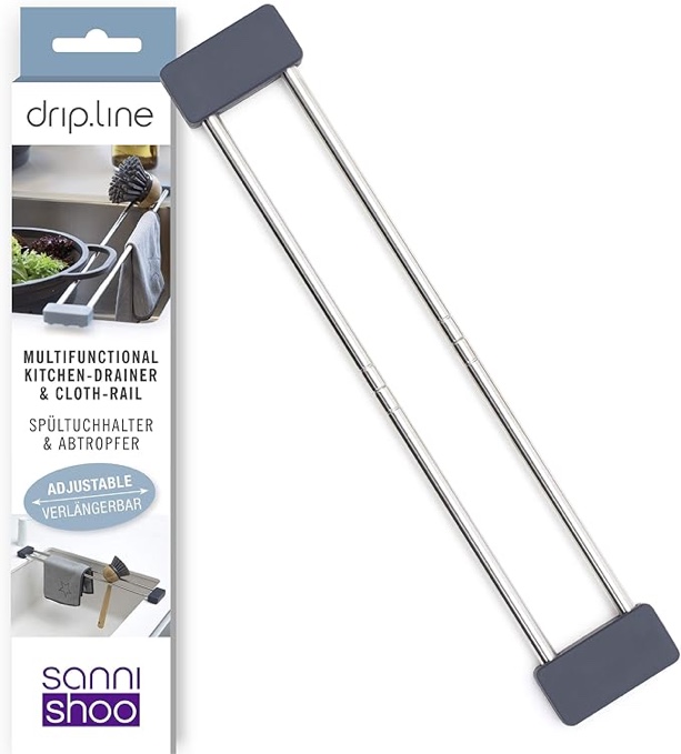 Sanni Shoo drip.line Pure Anthracite - Versatile and Adjustable Kitchen Rack Drip Tray for Dishcloths, Brushes, and Bottles - Hygienic Storage - Made of Stainless Steel and Silicone